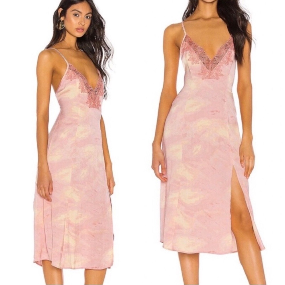 Intimately Free People Pink Wash Combo Slip dress lace at plunging neckline XS
